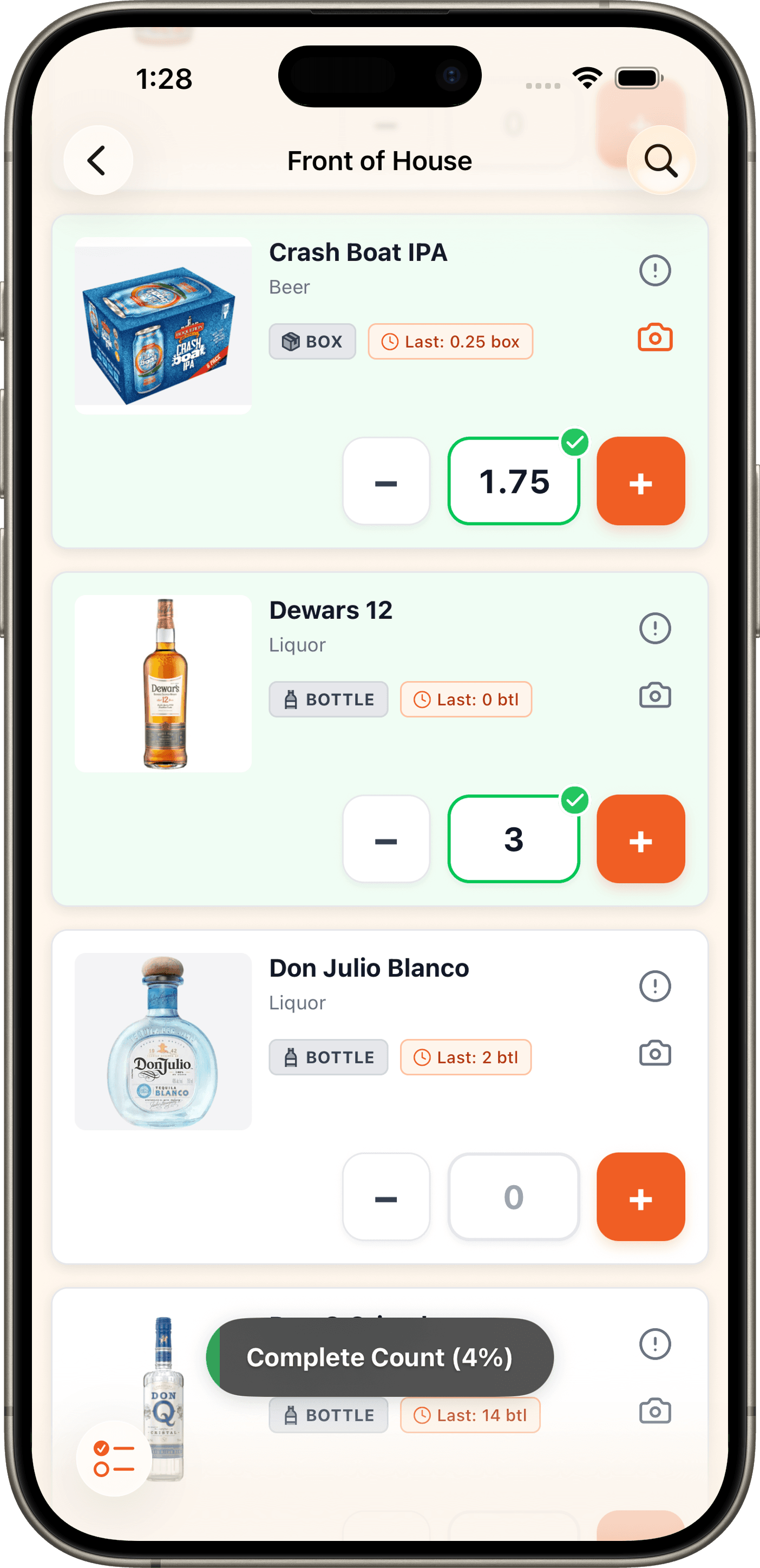 86 mobile app — Front of House counting with bottle and liquor items, big buttons, and last-count context