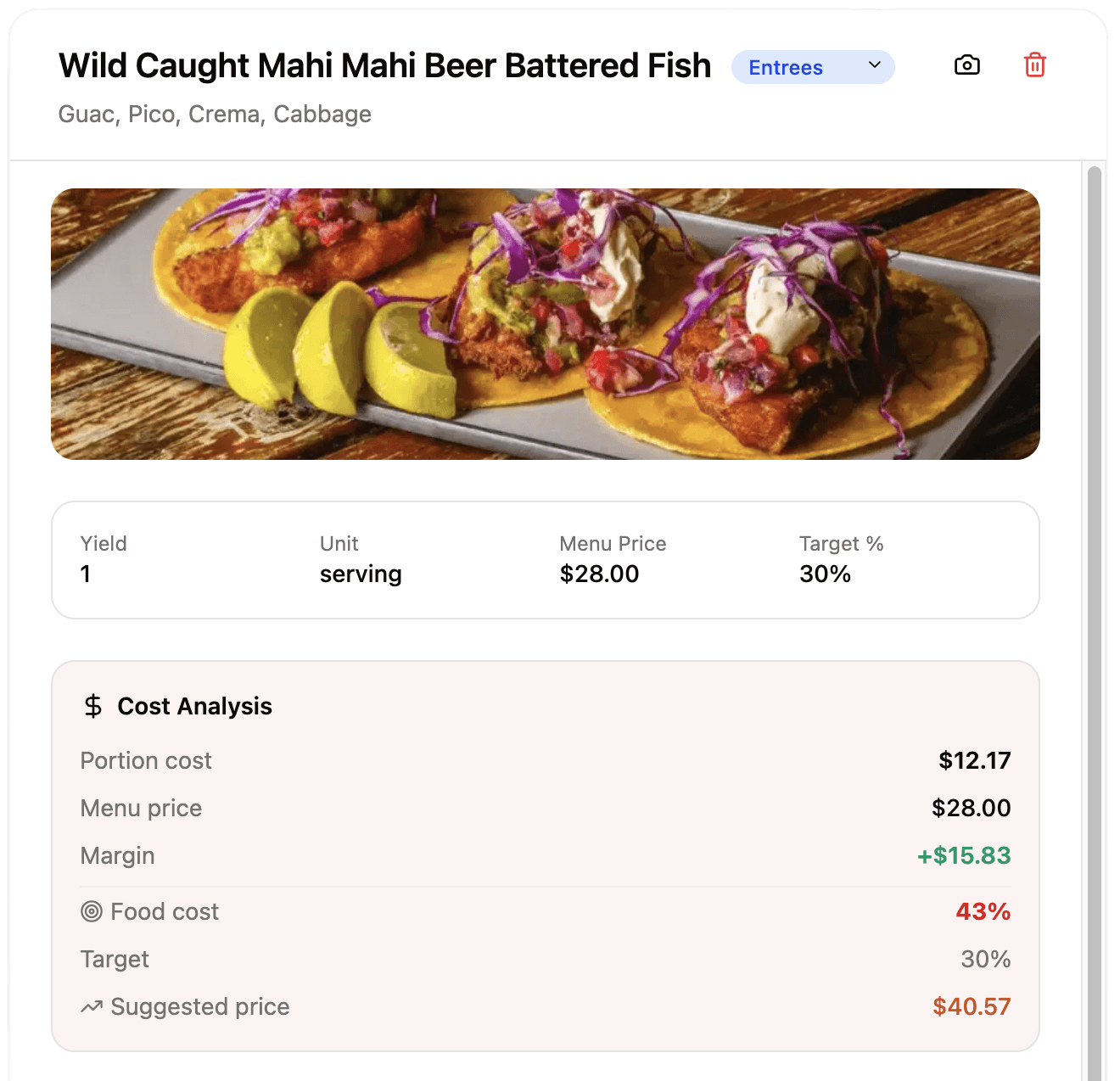 86 recipe detail — portion cost, menu price, food cost percentage, and suggested price updated from the invoice