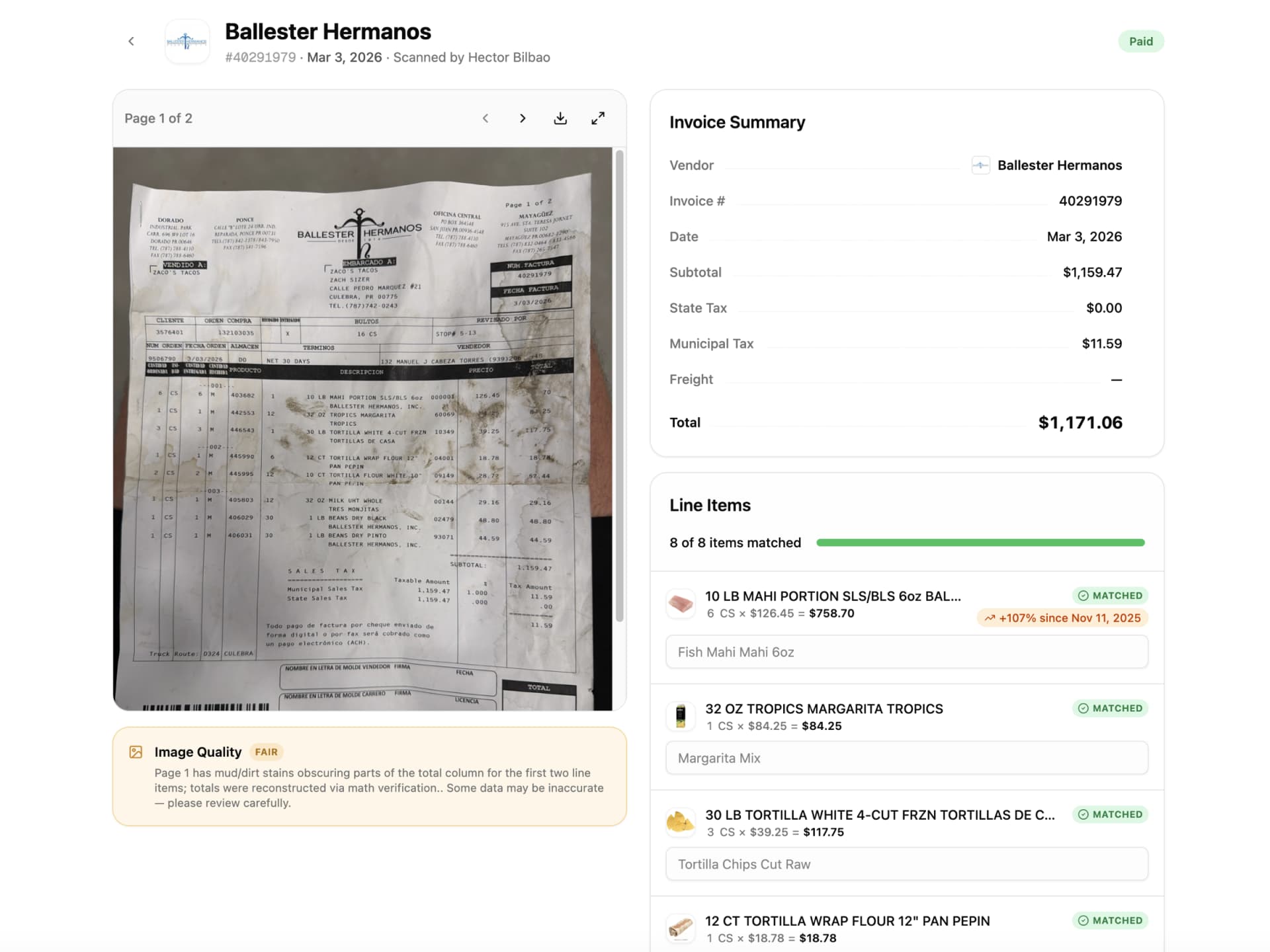 86 invoice review — line items matched to inventory with flagged price changes