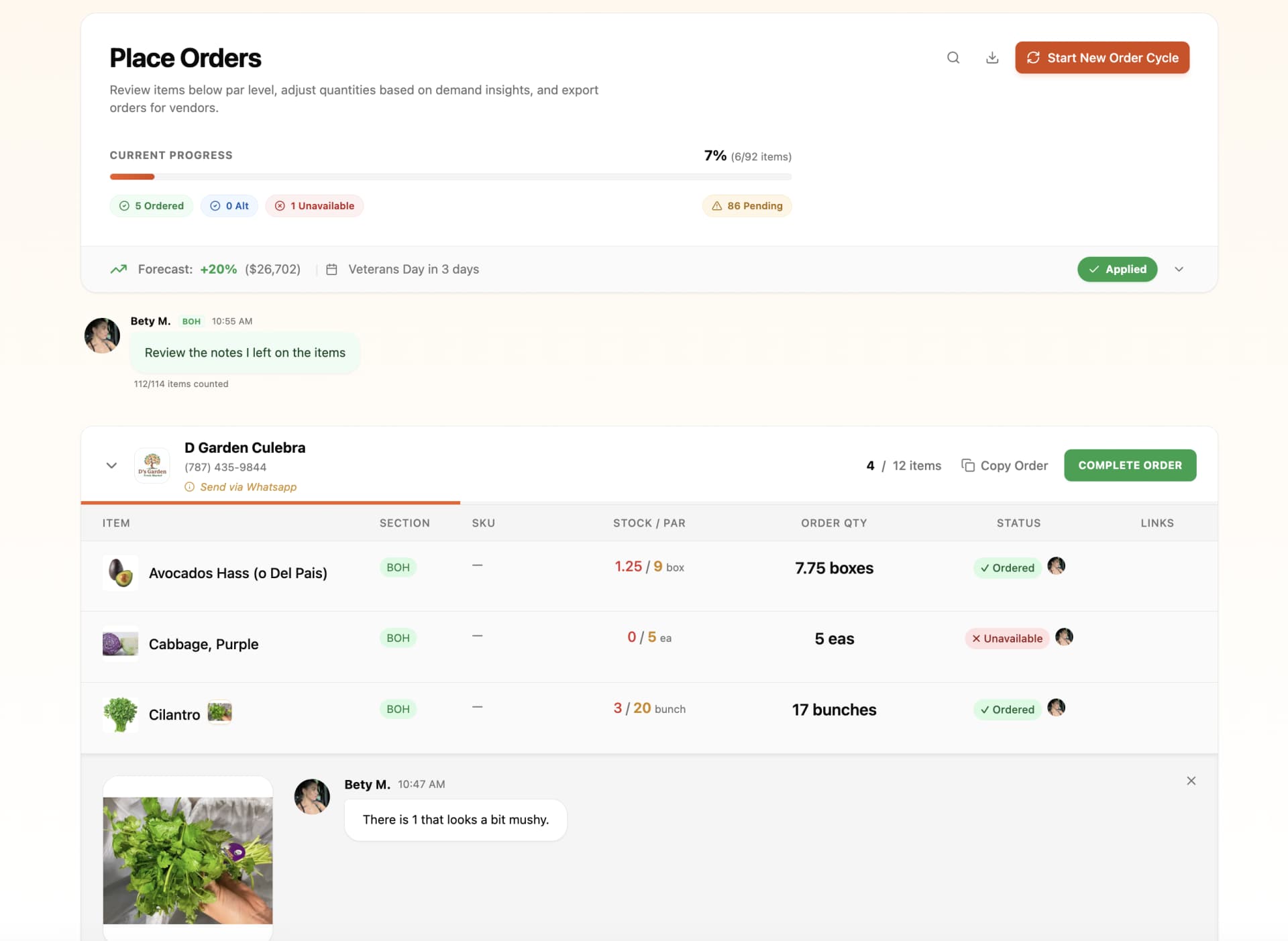 86 ordering view — forecast, holiday-triggered demand uplift, team notes, and a staff photo flagging mushy cilantro alongside vendor quantities